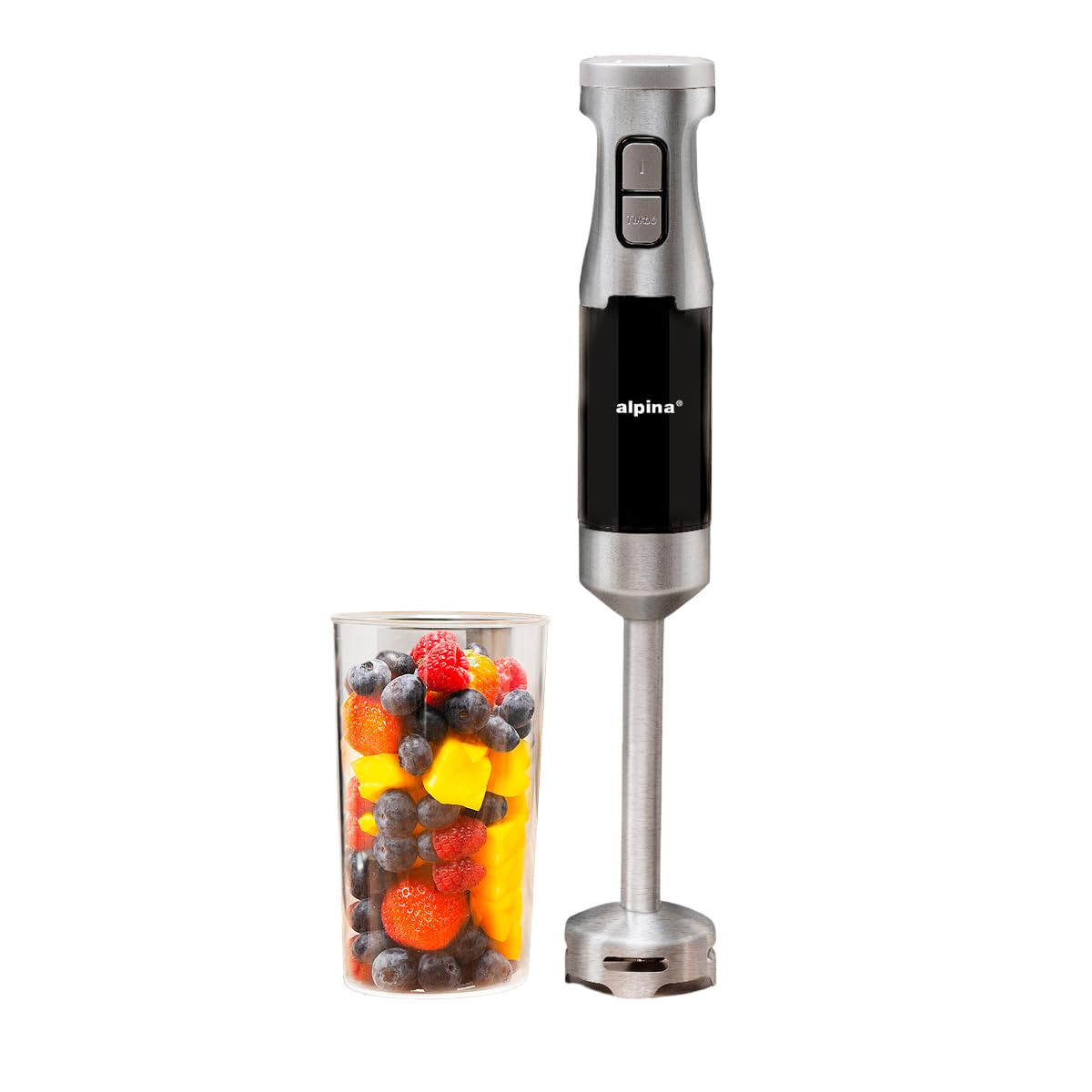alpina Stabmixer HB6700F-N – Pürierstab ar mērtrauku 700 ml – rokas blenderis 1000 W – 2 ātrumi un turbo funkcija – BPA bezmaksas – nerūsējošais tērauds – melns/sudrabs