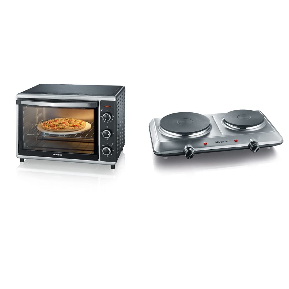 SEVERIN Cepeškrāsns un tosteris ar gaisa cirkulāciju, mini cepeškrāsns ar grila resti, cepšanas plāti, 1.800 W, melns, TO 2058 & divkāršā plīts virsma virtuvei, birojam vai kempingam, nerūsējošais tērauds, 2.500 W, KP 1014