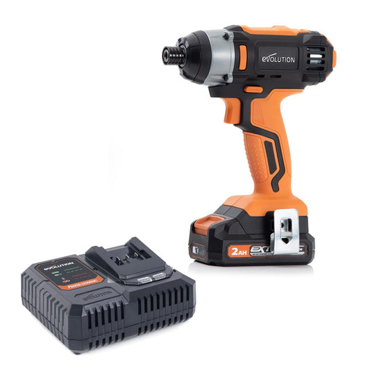 Evolution Power Tools R180IDR-Li - 18V Li-Ion cordless impact screwdriver, variable speed control, includes charger and 2Ah battery.