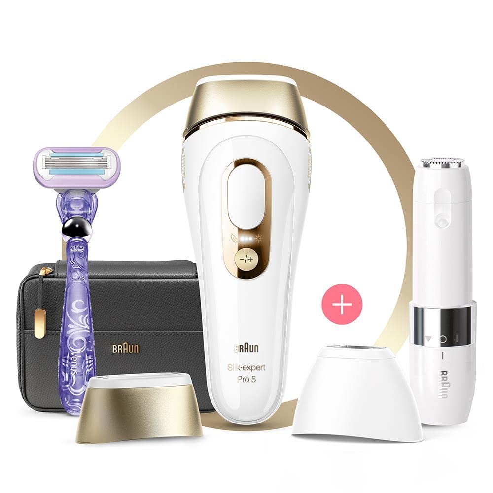 Braun Silk-expert Pro 5 - IPL epilator with wide precision head and Venus razor, home laser hair removal alternative, white/gold.