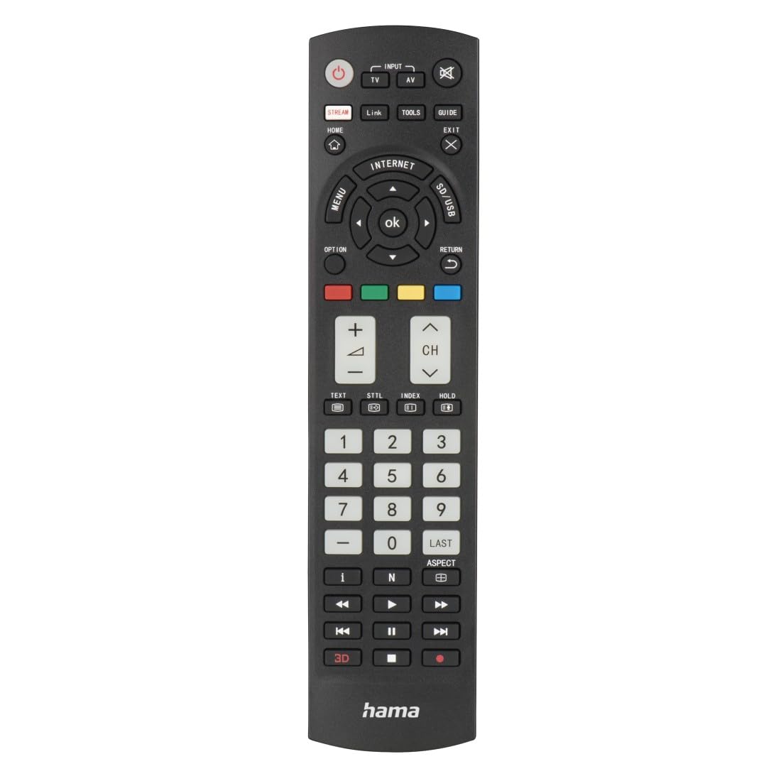 Hama universālā tālvadības pults Panasonic televizoriem (infrasarkanais, mācīšanās spēja, izgaismotās pogas, viedā poga, vieglais režīms, ergonomiskas galvenās pogas, 10m darbības attālums) melna