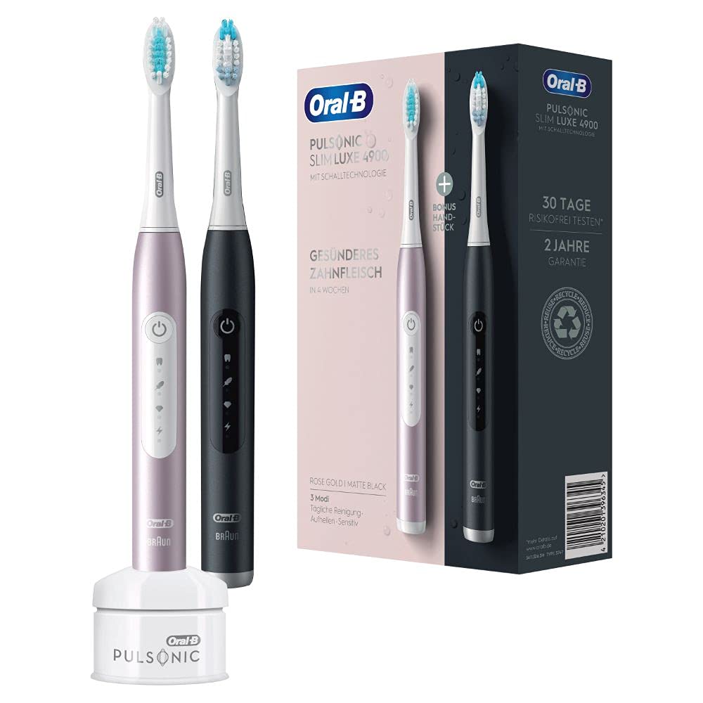 Elektriskā zobu suka Oral-B Pulsonic Slim Luxe 4900, dubultiepakojums, 2 uzgaļi, 3 tīrīšanas režīmi, Designed by Braun, melna/rožu zelta