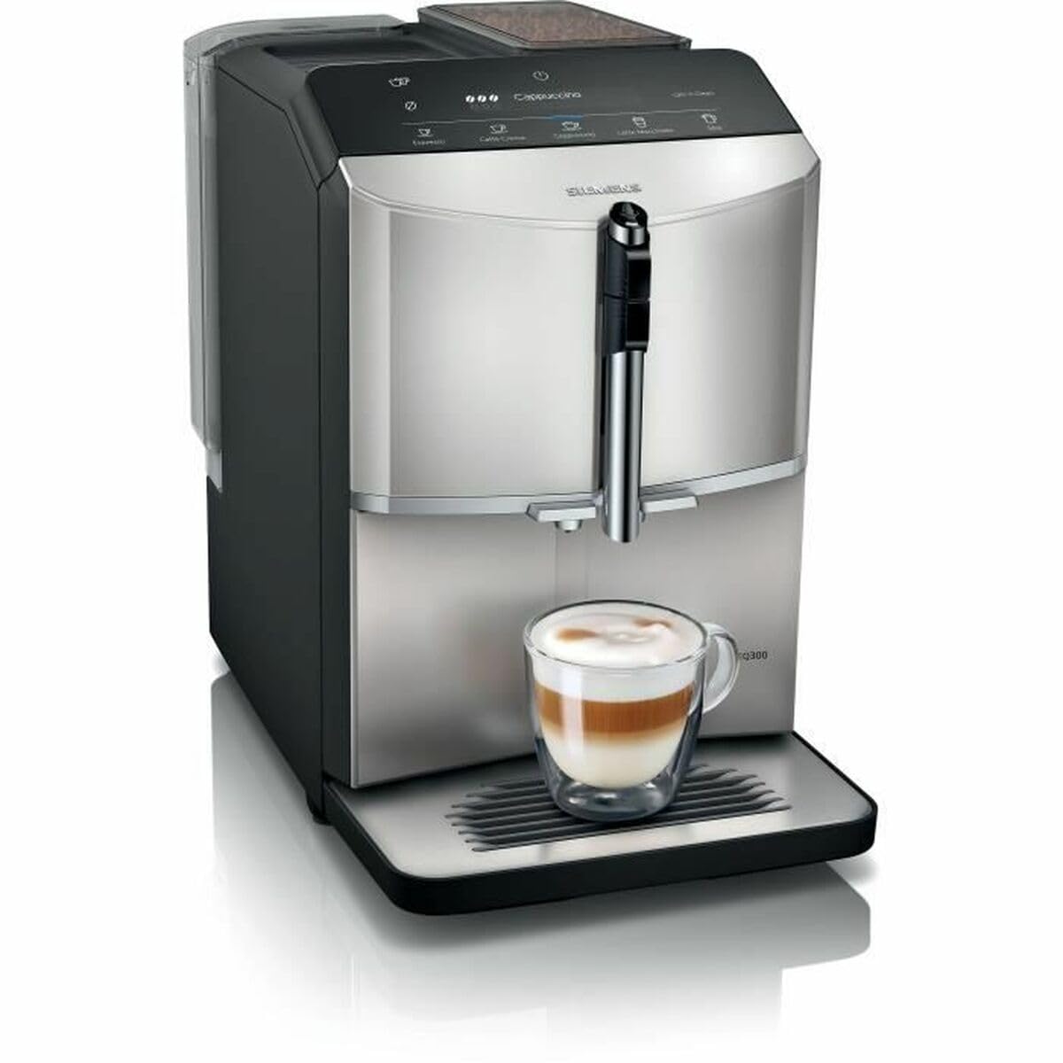 SIEMENS EQ300 TF303E07 - Fully automatic coffee machine, milk frother, ceramic grinders, OneTouch, 1300 W, inox silver finish