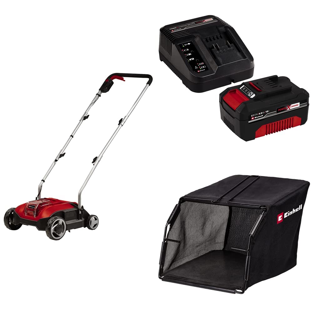 Akumulatora vertikulators Einhell GC-SC 18/28 Li Power X-Change, 18 V, Brushless, 28 cm nažu cilindrs, 3 pakāpju darba dziļuma regulēšana, 4,0 Ah akumulators, lādētājs un savākšanas maiss