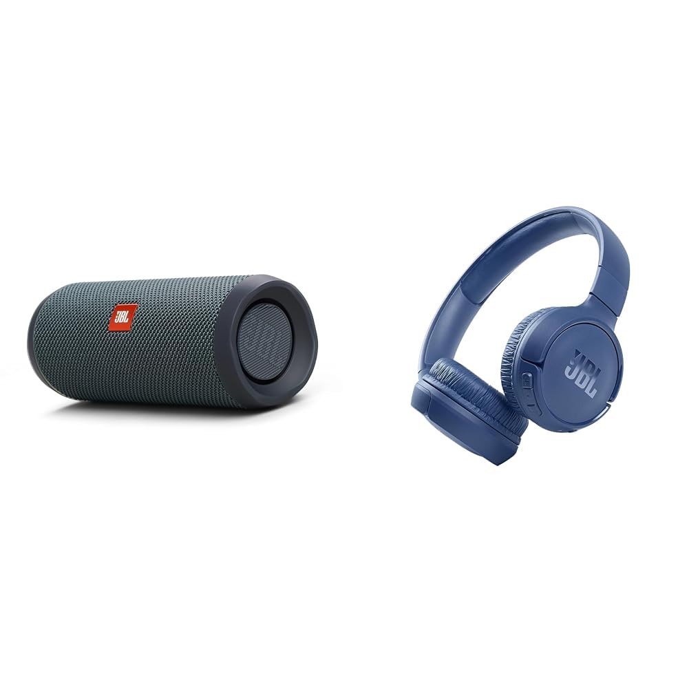 JBL Flip Essential 2 Bluetooth kaste melnā krāsā – ūdensizturīgs, portatīvs skaļrunis un Tune 510BT – Bluetooth austiņas virs auss zilā krāsā