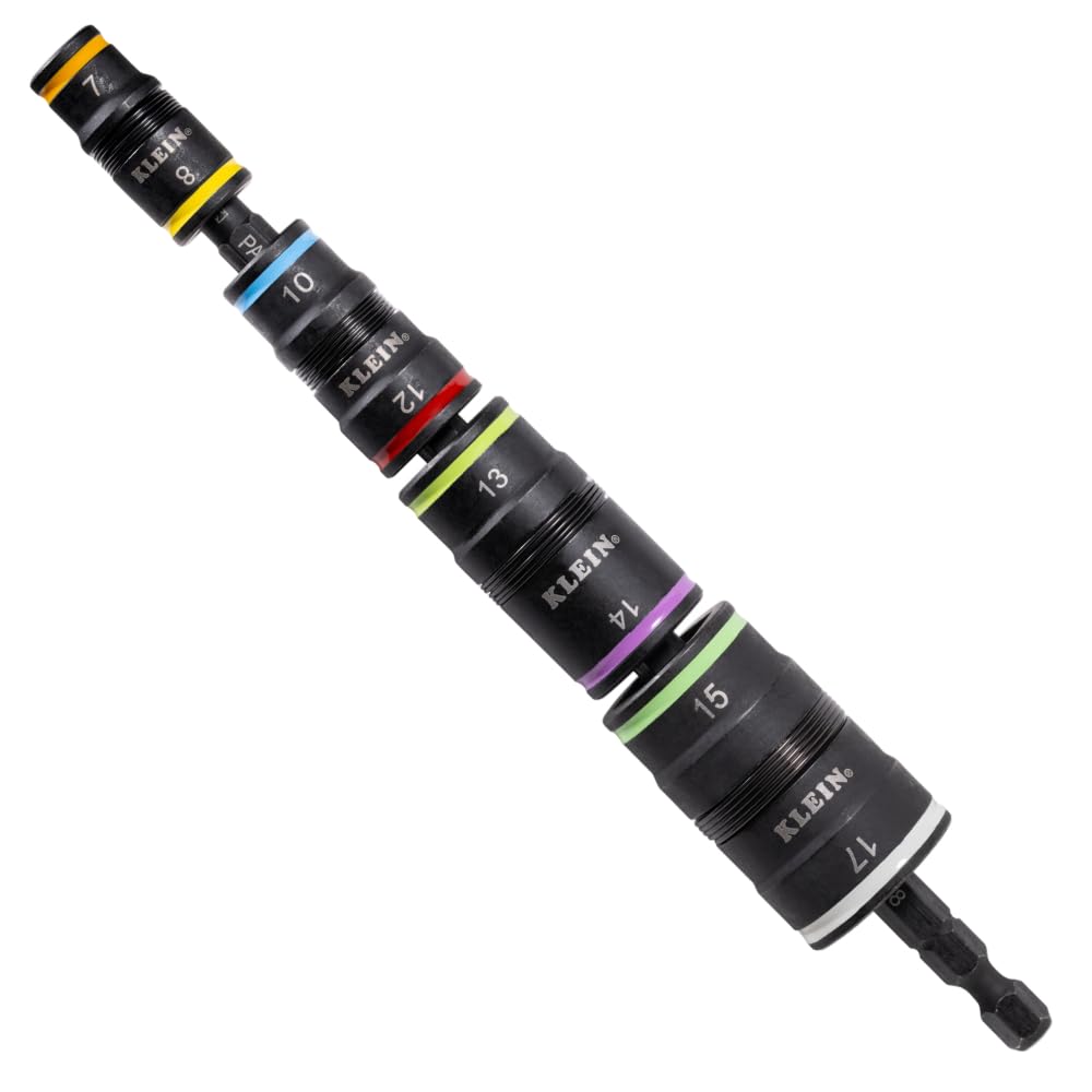 Klein Tools 32934M 8-in-1 metriskais trieciena uzgaļu komplekts, 7, 8, 10, 12, 13, 14, 15 un 17 mm, ar krāsu kodējumu un magnētu, ¼″ ātrās nomaiņas stiprinājums