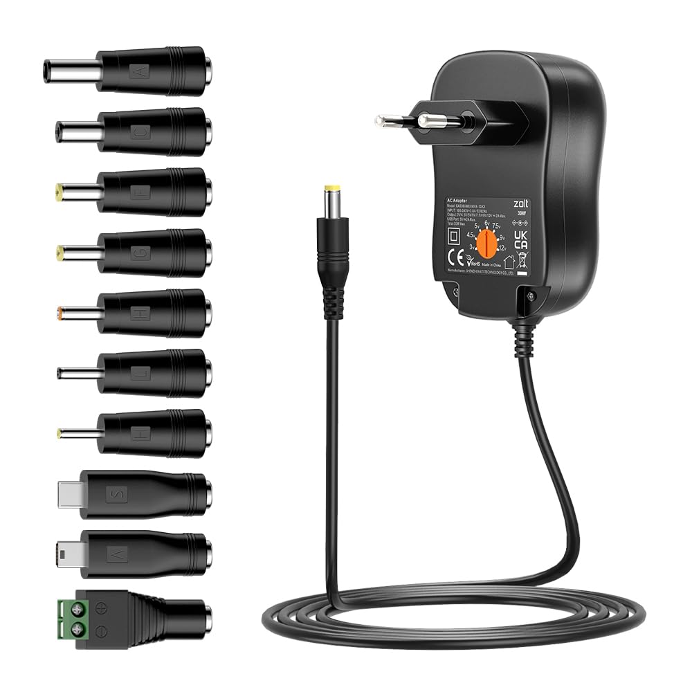 Universāls barošanas adapteris Zolt 30W AC DC 3V 4.5V 5V 6V 7.5V 9V 12V 2A, daudzspriegumu adapters ar 5V 2A USB portu un 10 DC uzgaļiem sadzīves elektronikai, 2000mA max.
