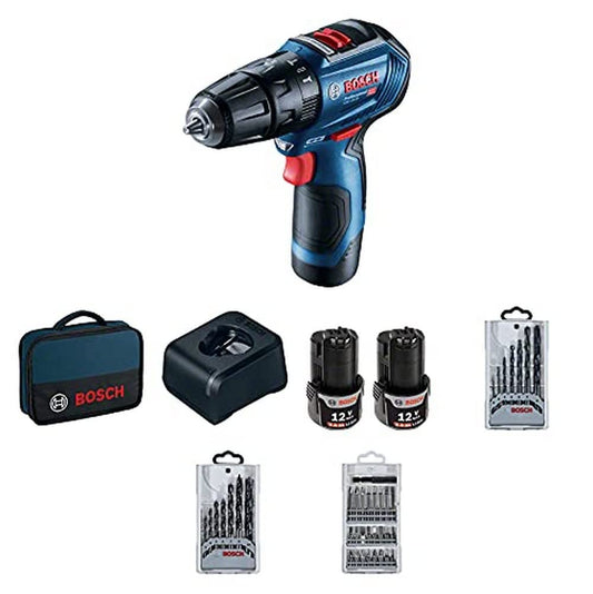Bosch Professional 12V triecienurbjmašīna GSB 12V-30 - 2x2,0 Ah akumulators, lādētājs, 14 urbju un bitu komplekti, koferis