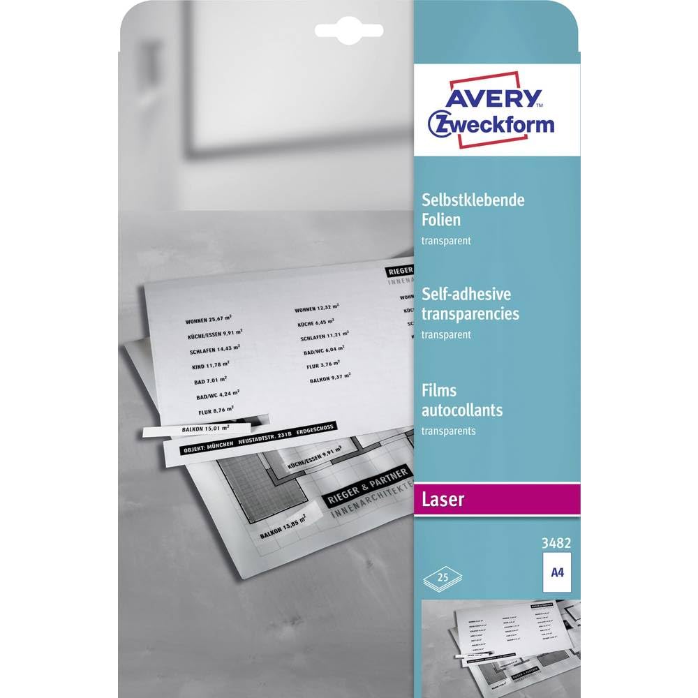 AVERY Zweckform 3482 - 25 self-adhesive A4 transparent sheets, matte finish, 0.14 mm thick, ideal for labeling and stacking.