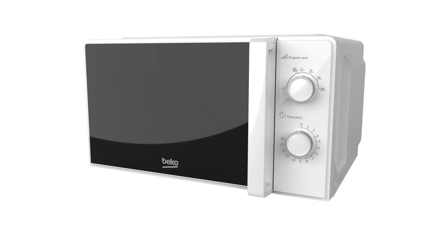 Beko MOC20100WFB mikroviļņu krāsns Solo 20 litri, 700 W, taimeris max. 30 min, 5 līmeņi, atkausēšanas un uzsildīšanas funkcijas, iestatīšana ar rotējošu pogu, beigu indikators, griežamais šķīvis ar 24,5 cm diametru, balts