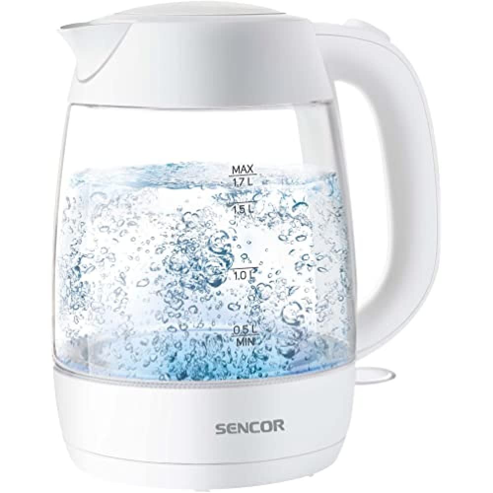 Sencor SWK 7300WH - 1.7L glass kettle, stainless steel, sleek design, fast boiling, energy-efficient.