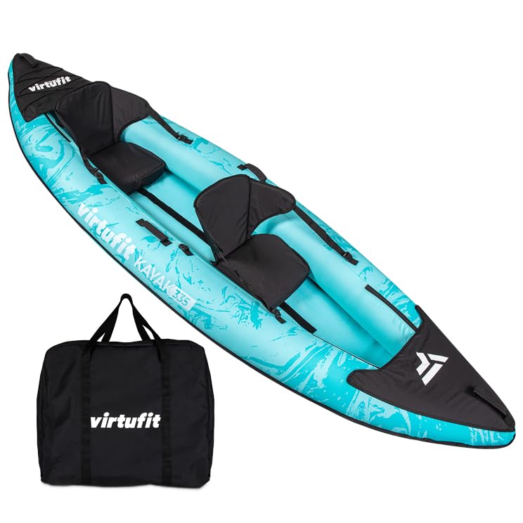 VirtuFit piepūšamais kajaks 335, 2 personām, iespēja 3. sēdeklim, 2 kajaka sēdekļi, pārnēsāšanas soma un 2 spuras, jūrai, upei un ezeram, stabila konstrukcija, 335 cm, tirkīzzils