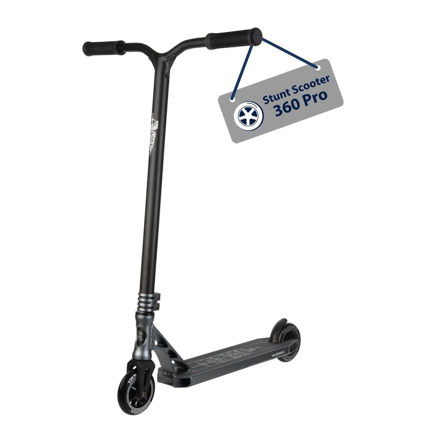 Stunta skrejritenis HUDORA Stunt Scooter 360 Pro - augstas kvalitātes freestaila triku skrejritenis ar pastiprinātu oversize stūri - sportisks skrejritenis ar īpašu stingrību un 360 grādu stūrēšanu - triku skrejritenis līdz 100kg