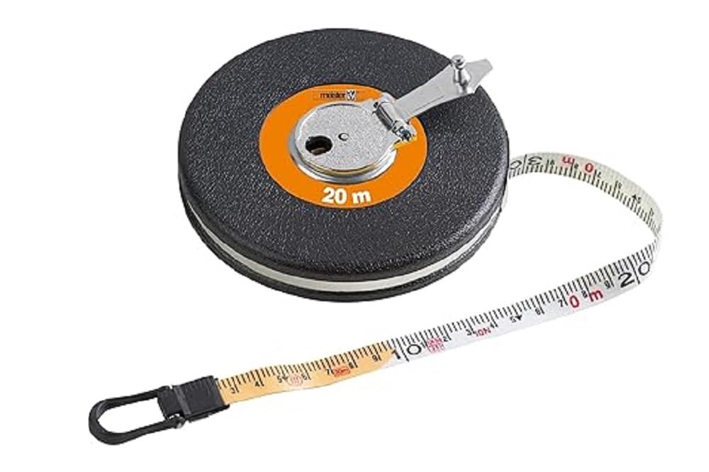 Mērlente Meister 20 m x 14 mm, oranža / hroma / melna, stikla šķiedras lenta, triecienizturīgs ABS korpuss ar metāla rokturi, precizitātes klase EEC III, 6575010