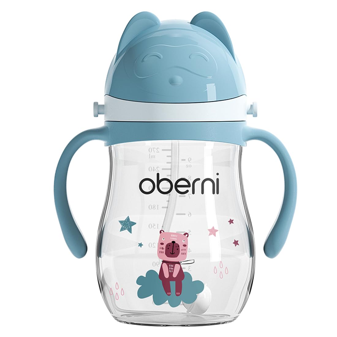Mācību krūzīte Oberni no Tritan, 270ml dzeramā pudele bērnam no 12 mēnešiem, hermētiska, BPA free, ar rokturiem un pārnēsāšanas siksnu, zila, 1 gab.