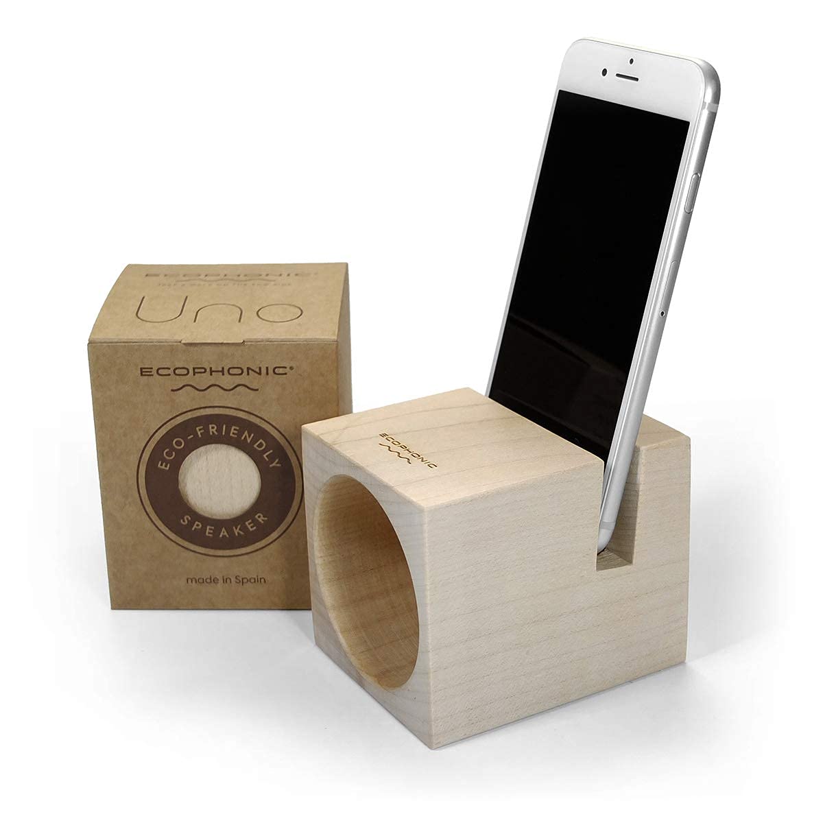 Ecophonic® UNO® Ekoloģiska un Dabiska Skaļruņa | Dabisks Akustiskais Pastiprinātājs | Kļavu koks | FSC un PEFC sertifikācija | Mobilā telefona statīvs