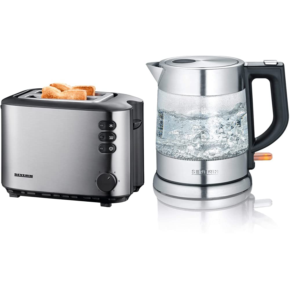 Tosteris SEVERIN Automatik-Toaster AT 2514, 2 sloti, 850 W, nerūsējošais tērauds/melns, ar SEVERIN stikla tējkannu WK 3468, augstas kvalitātes dizains