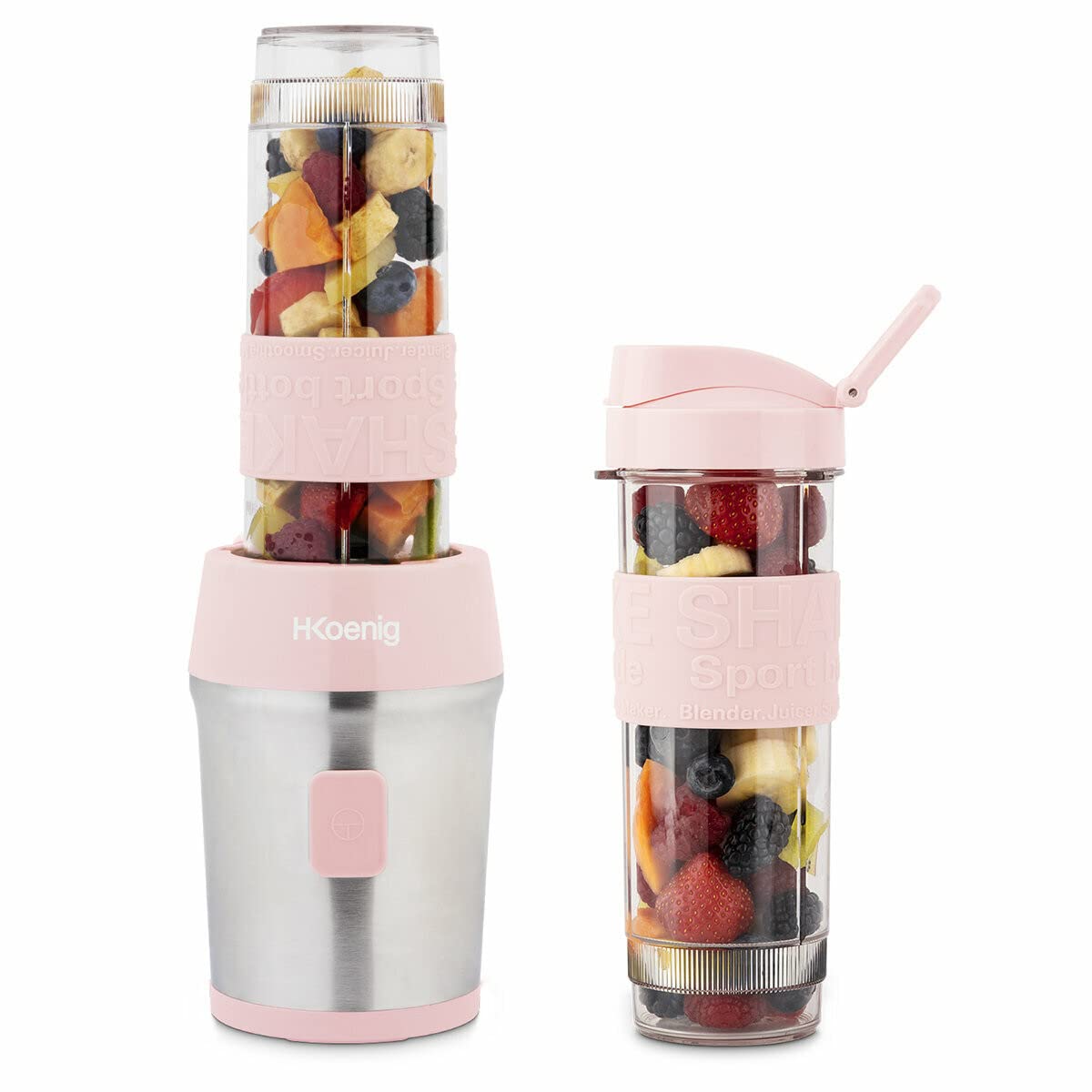 H.Koenig Mini Smoothie Maker SMOO12 - 570mL, 300W, 4 stainless steel blades, includes 2 portable bottles with travel lids.