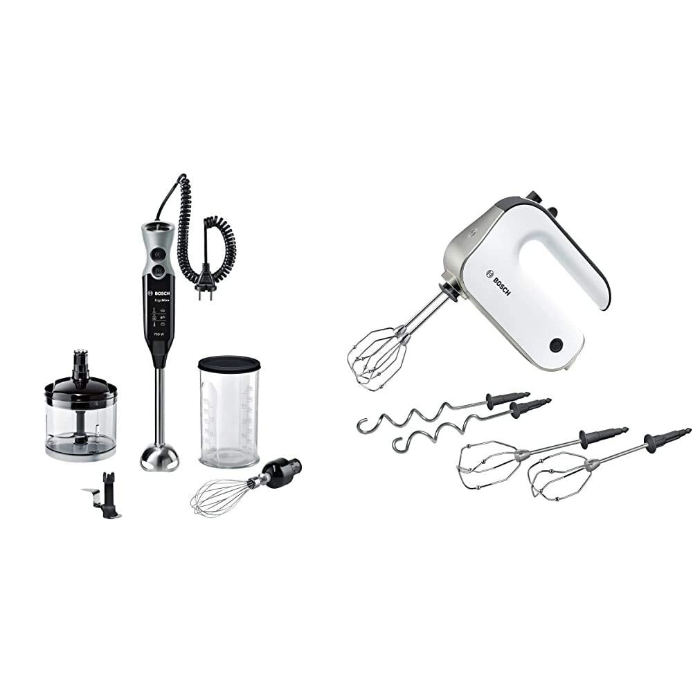 Bosch MSM67170 ErgoMixx rokas mikseru komplekts (nerūsējošā tērauda maisīšanas kāts, maisīšanas trauks, 12 ātrumu līmeņi, 750 vati) melns/pelēks un MFQ4835DE Styline, Premium rokas mikseris, 2 pāri maisīšanas slotiņu, 575 W, nerūsējošais tērauds, balts