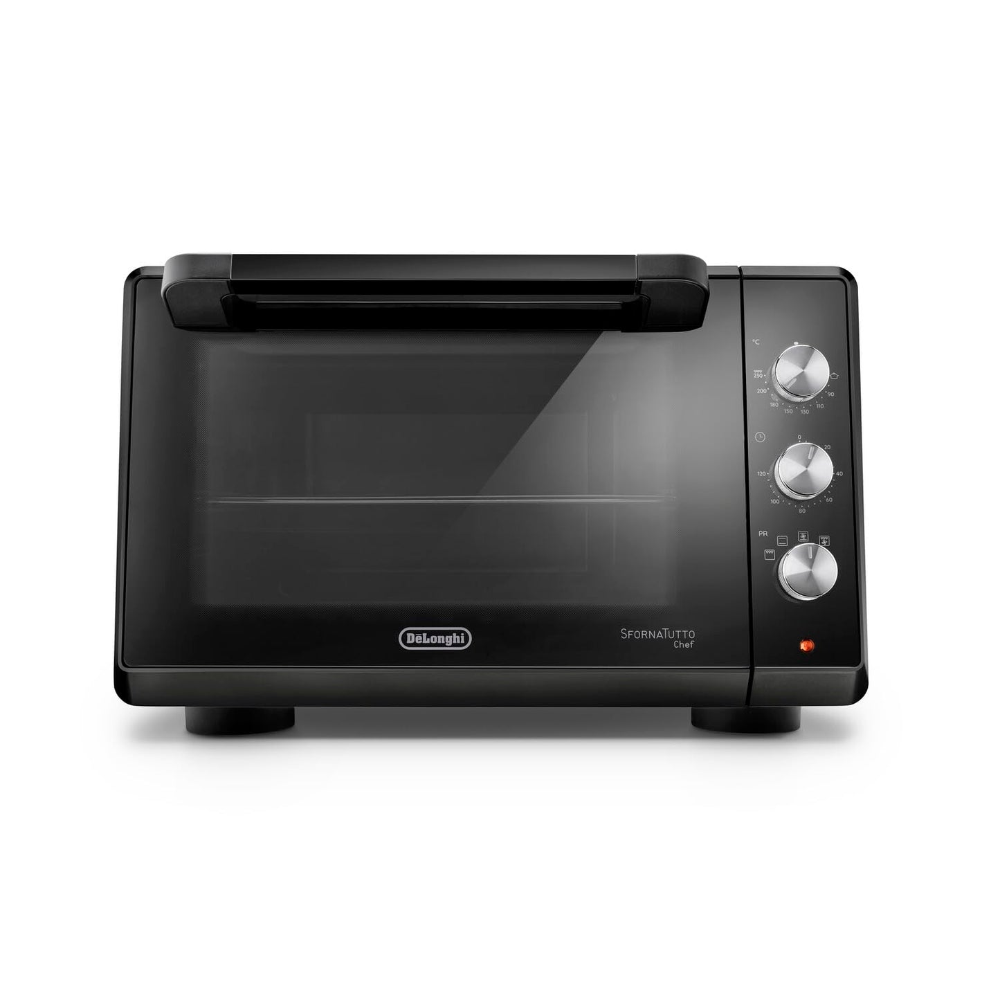 De'Longhi Chef EO34302 Elektriskais konvekcijas cepeškrāsns ar 5 gatavošanas režīmiem, divām stikla durvīm, temperatūra 80 – 230 °C, taimeris 120 minūtes, ieskaitot cepšanas plāti un grilu, ietilpība 34 l, 2000 W, melns