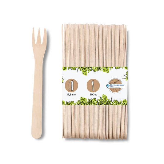 GREENBOX XL Koka Dakšiņas - Bioloģiski noārdāmas, 17,5 cm, ideālas kartupeļiem, karija desiņām, ballīšu iesmiņiem.