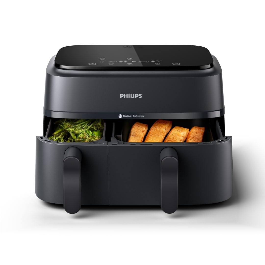 Philips Airfryer Dual Basket 3000 - 9L, cooks 2 dishes simultaneously, RapidAir Plus, 90% less fat, energy-efficient, HomeID app.