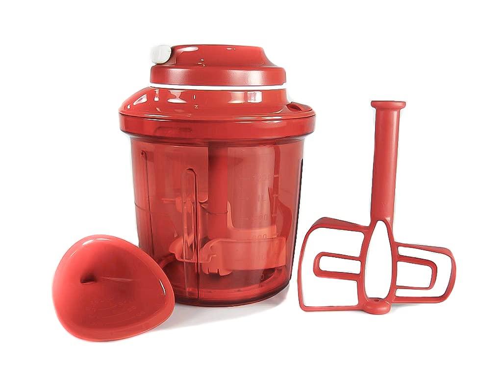 Manuāls virtuves smalcinātājs TUPPERWARE Chef Extra-Chef 1,35 L, sarkans D200 – smalcinātājs, biezenis un maisītājs vienā ierīcē