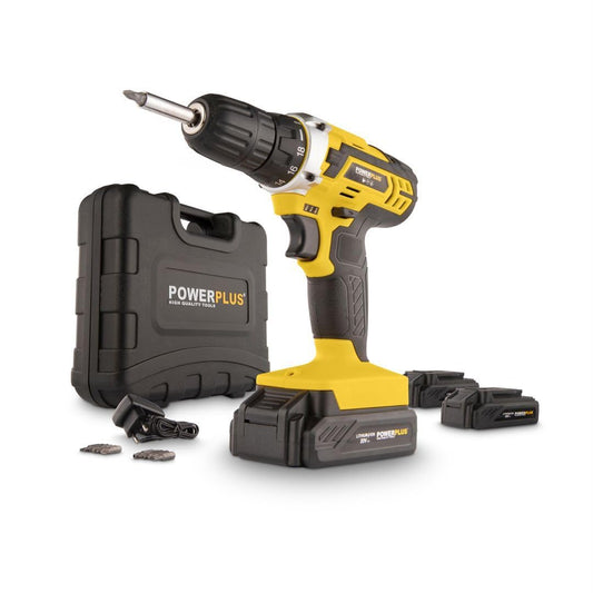 Powerplus POWX00501 - 20V cordless screwdriver and drill, includes 3 batteries, charger, and 12-piece bit set for wood, stone, metal.
