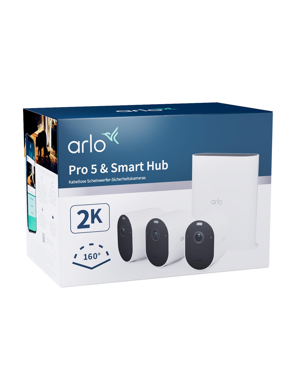 Arlo Pro 5 uzraudzības kamera + USB atmiņas ierīce SmartHub, 2K+ HDR video, bezvadu, uzlabota krāsu nakts redzamība, 160° skatījuma leņķis, prožektors, divvirzienu audio, trauksmes sirēna + Arlo Secure izmēģinājuma periods, 3 gab.