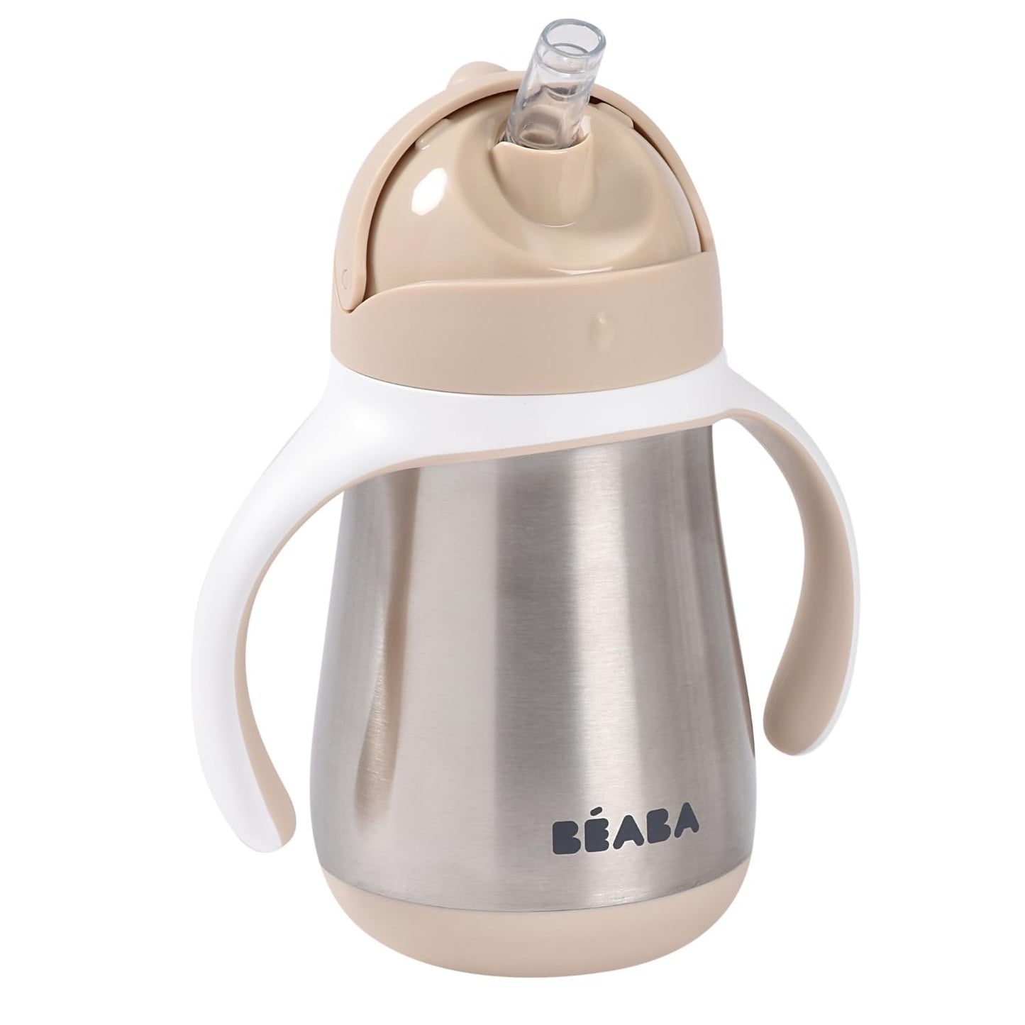 BÉABA 2-in-1 nerūsējošā tērauda mācību pudele un salmiņu krūzīte 250 ml, 100% hermētiska, viegli atverama, noņemami rokturi, veselīga un izturīga, izturīgs nerūsējošā tērauda materiāls, krāsa Argile