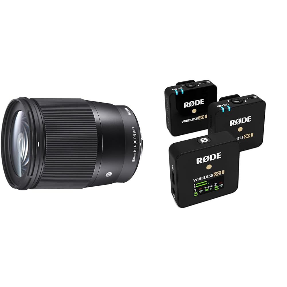 Sigma 16mm F1,4 DC DN mūsdienu objektīvs Sony E bajonetam un RØDE Wireless GO II ultrakompakts bezvadu divkanālu mikrofona sistēma