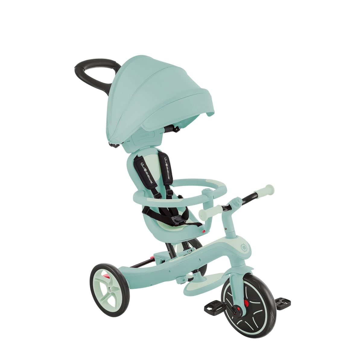 Trīsritenis GLOBBER Explorer Trike 4in1 ECO – bērnu ratiņi, trīsritenis un līdzsvara ritenis, 10/8,5 Zoll, TPR sēdeklis, regulējams, pistāciju