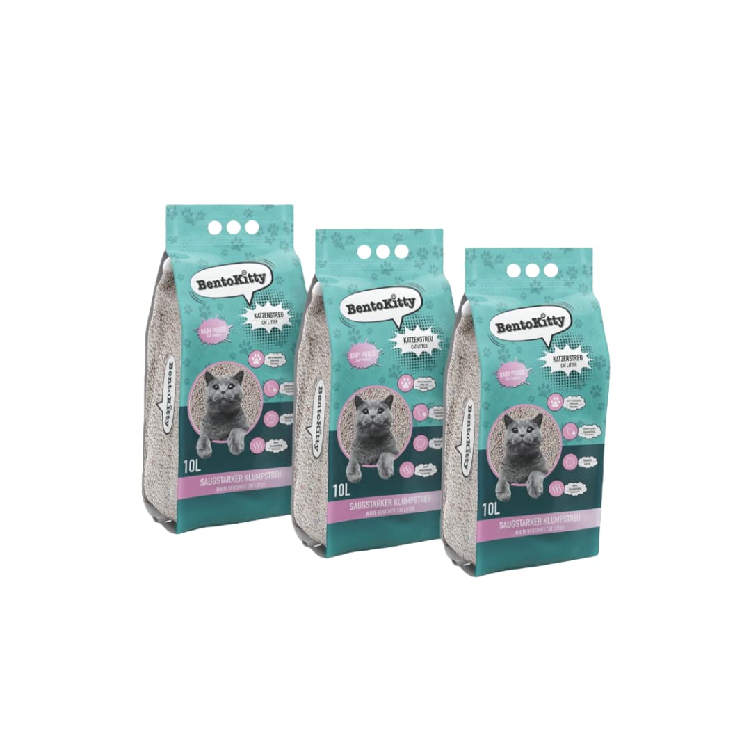 Kaķu smiltis BentoKitty (30L, 3 iepakojumi) ar bērnu pūdera aromātu, salipstošas, baltas, smalkgraudainas bentonīta smiltis jutīgām kaķu ķepām