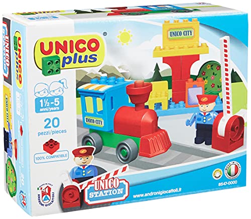 Unico BAU pilsētas vilciens Mazā stacija - 20 gabali, piemērots bērniem no 0-14 gadiem, attīstošs rotaļlietu komplekts.