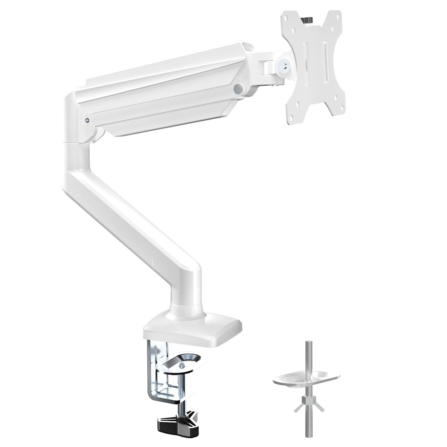 Monitora turētājs suptek 13-32 collu LED LCD ekrānam līdz 9 kg, monitora roka ar gāzes atsperi, 360° grozāma, regulējama augstumā, grozāma un slīpējama, VESA 75x75/100x100 mm, balta