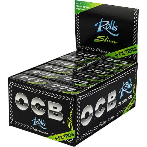 OCB Premium Rolls Slim Plus Tips - 24 black rolling papers with tips in a box, perfect for smooth smoking experience.