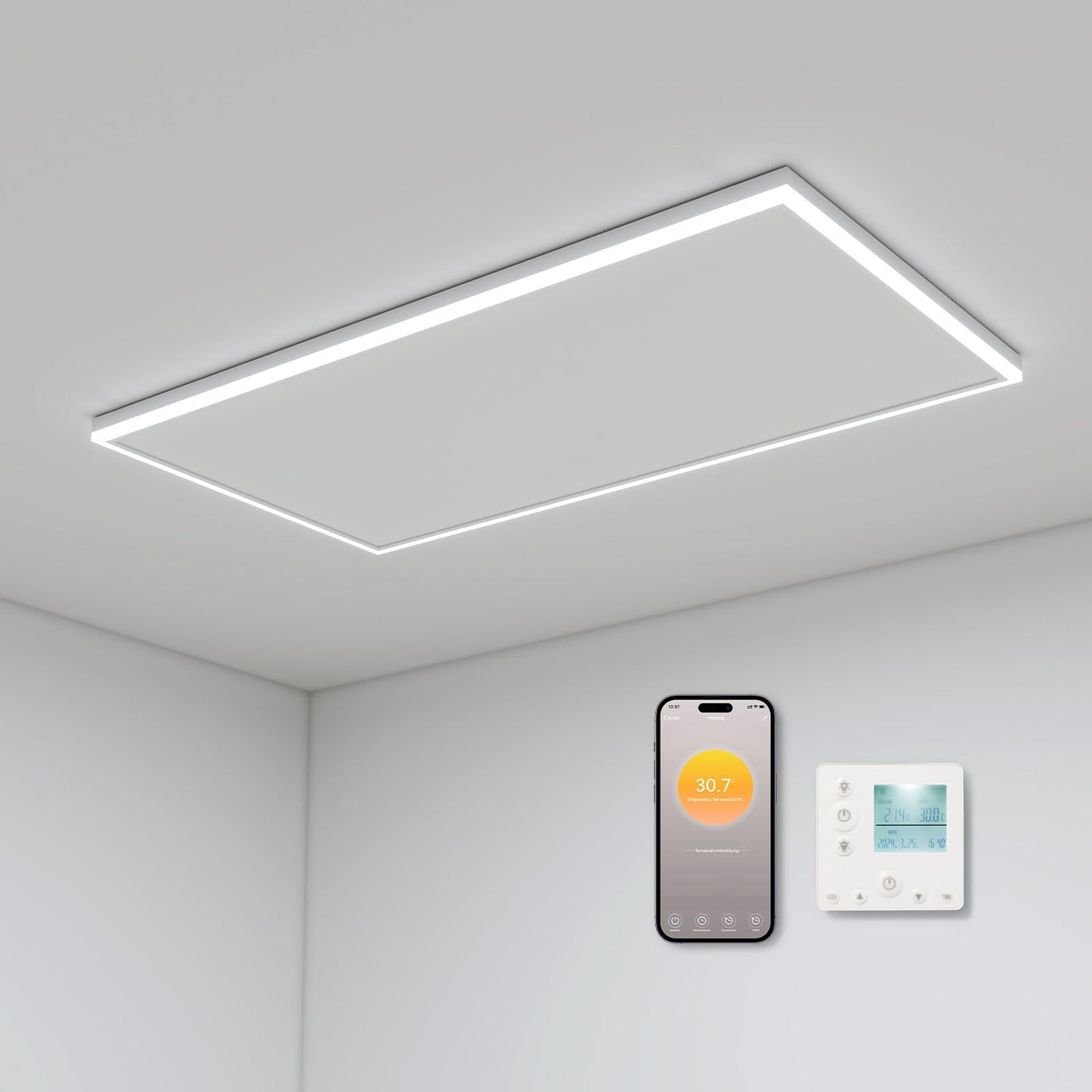Griestu infrasarkanais sildītājs 840 Watt, infrasarkanā apkure griestu montāžai ar LED apgaismojumu, termostats, lietotnes tālvadība, 128x63cm