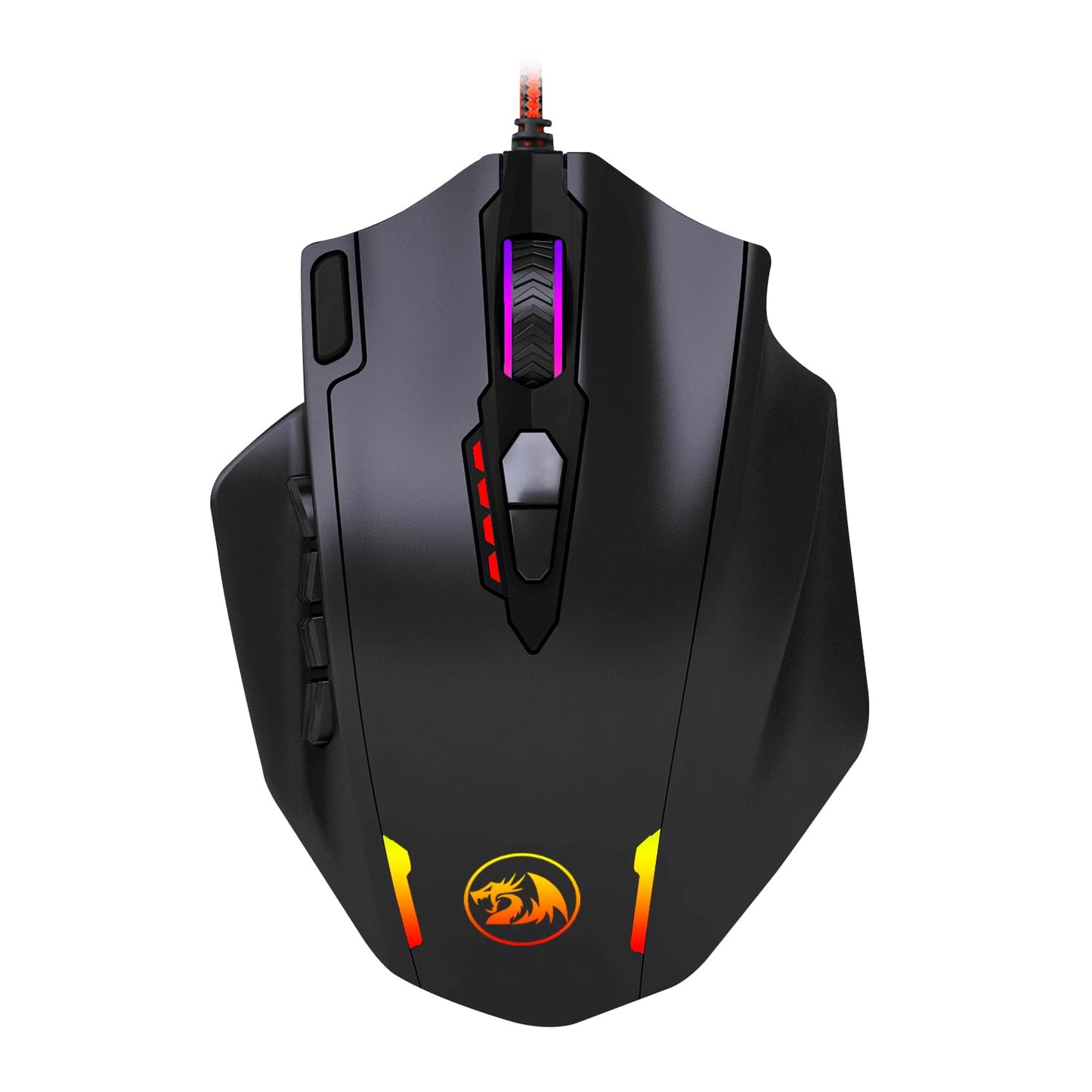 Redragon M908 Gaming Mouse - 12400 DPI, 18 programmable buttons, adjustable weight, black/red design.
