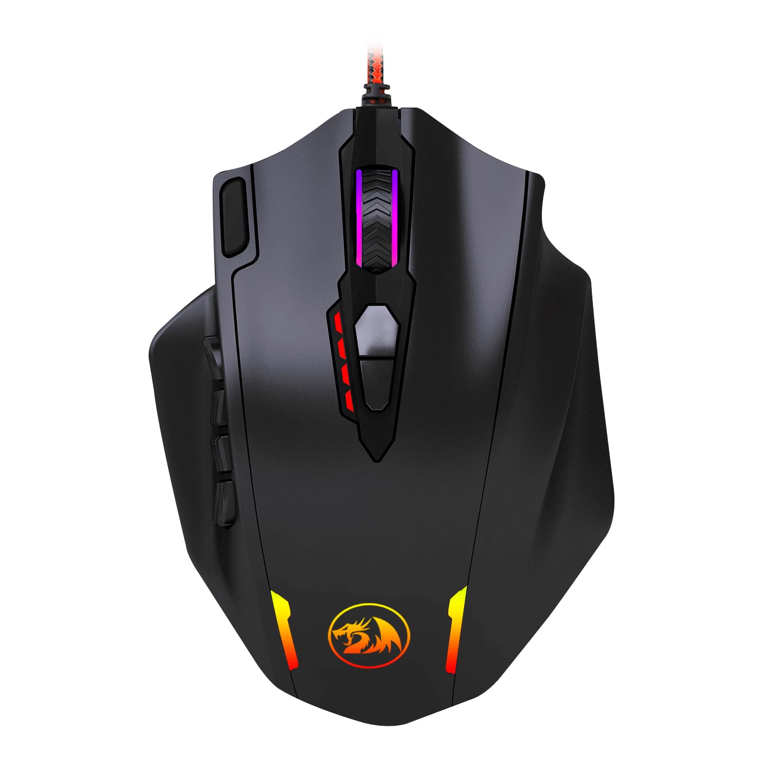 Redragon M908 Gaming Mouse - 12400 DPI, 18 programmable buttons, adjustable weight, black/red design.