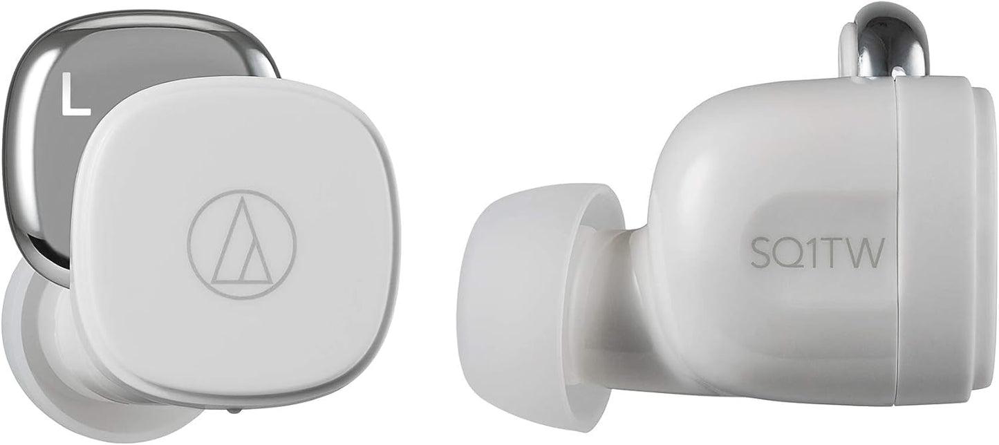Audio-Technica SQ1TW bezvadu austiņas - balta krāsa, augstas kvalitātes skaņa, ergonomisks dizains.