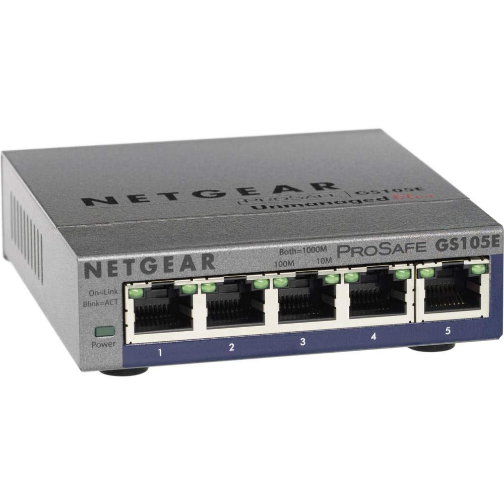 Tīkla slēdzis Netgear GS105E Managed Switch 5 Port Gigabit Ethernet LAN Switch Plus, IGMP, QoS, VLAN, bez ventilatora, izturīgs metāla korpuss, ProSAFE Lifetime-Garantie, pelēks