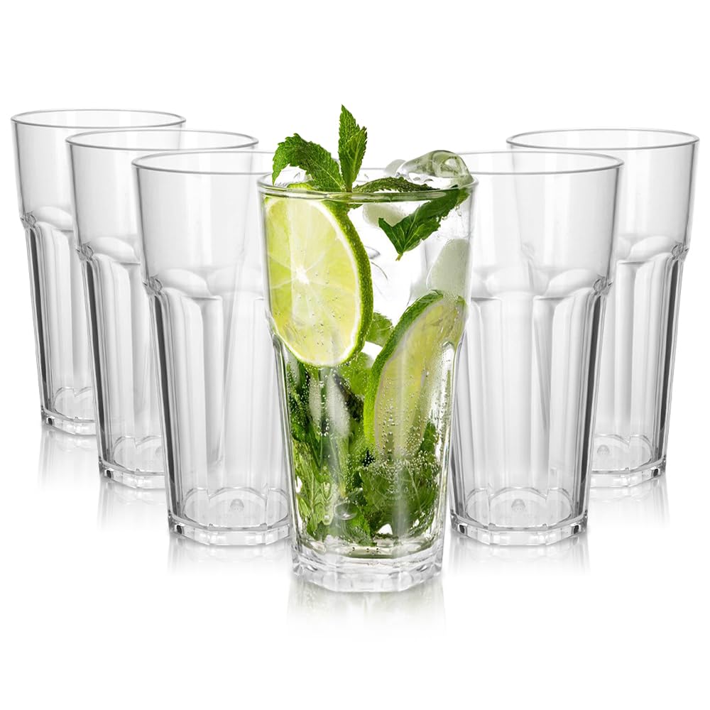 Atkārtoti lietojamas premium plastmasas glāzes DIBALIYI, 6 gab., 420ml, caurspīdīgas akrila glāzes, 13,5 OZ, nesalaužamas, saliekamas, kokteiļu glāzes, dzeramās glāzes, piemērotas trauku mazgājamajai mašīnai, mājai un piknikam