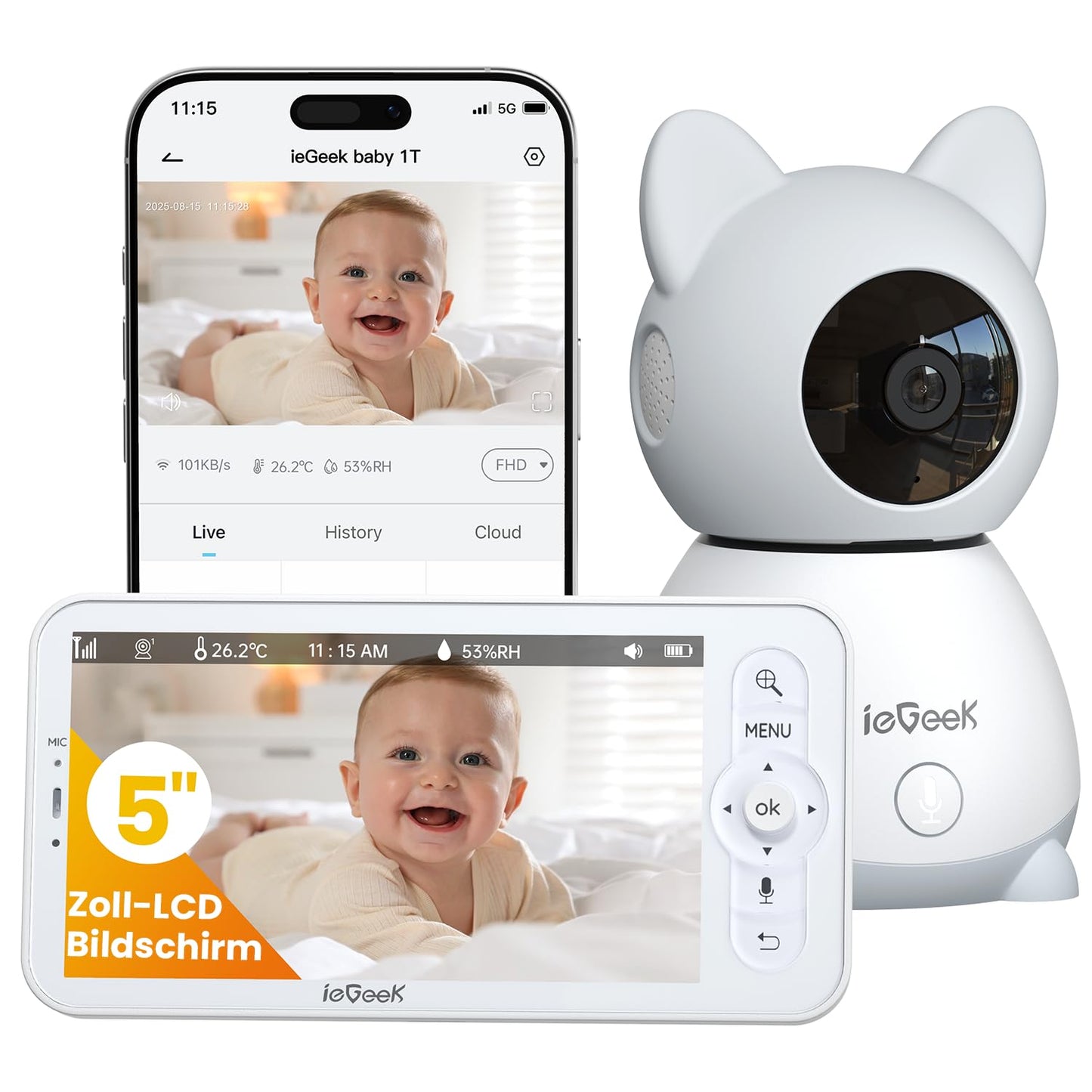 ieGeek 2K baby monitors 5" WLAN nakts redzamība, lietotne, PTZ, kustības noteikšana