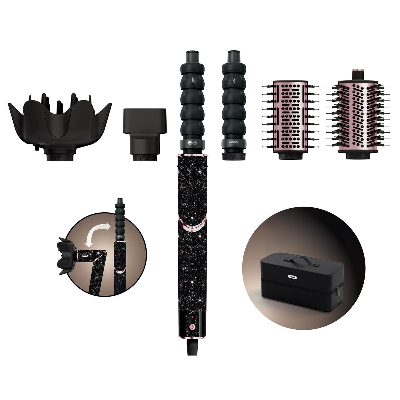 Shark FlexStyle Sparkle Limited Edition Black Diamond 5-in-1 matu stilizētājs un žāvētājs ar lokšņu uzgali, lāpstiņu suku, ovālu suku, koncentratoru, difuzoru, uzglabāšanas kasti, bez karstuma bojājumiem HD446JBEU