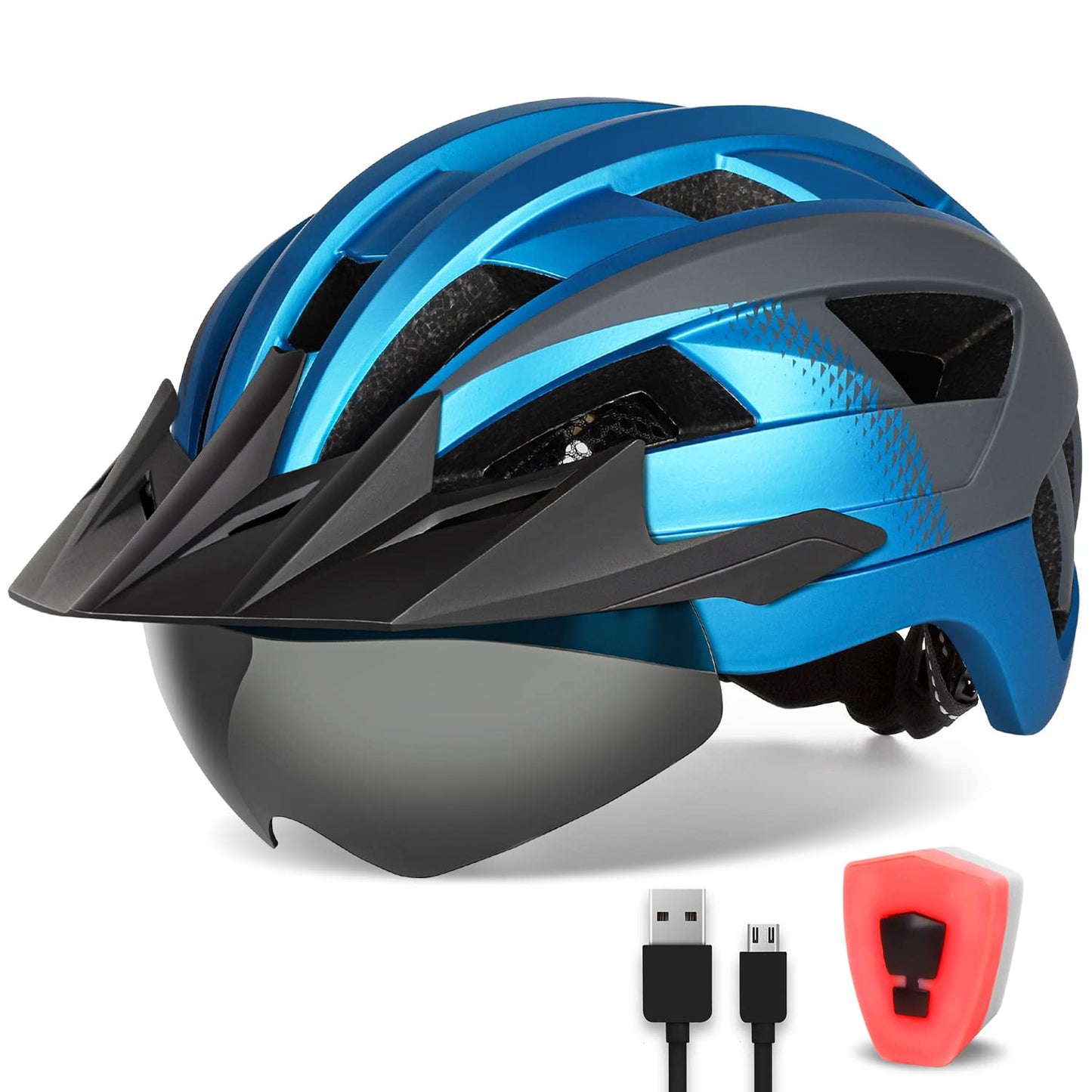 Velosipēda ķivere FUNWICT ar vizieri, magnētiskām brillēm un LED gaismu, viegla, USB uzlāde, stilīga kalnu velosipēda ķivere, L 57-61 cm, zili pelēka