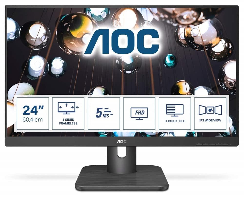 AOC 24E1Q - 24" FHD monitor, 1920x1080 resolution, 60 Hz, VGA, HDMI, DisplayPort, sleek black design.