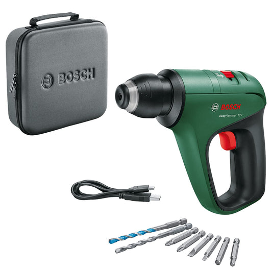 Bosch EasyHammer 12V - Cordless drill with integrated battery for drilling, screwdriving, and impact drilling in soft case.