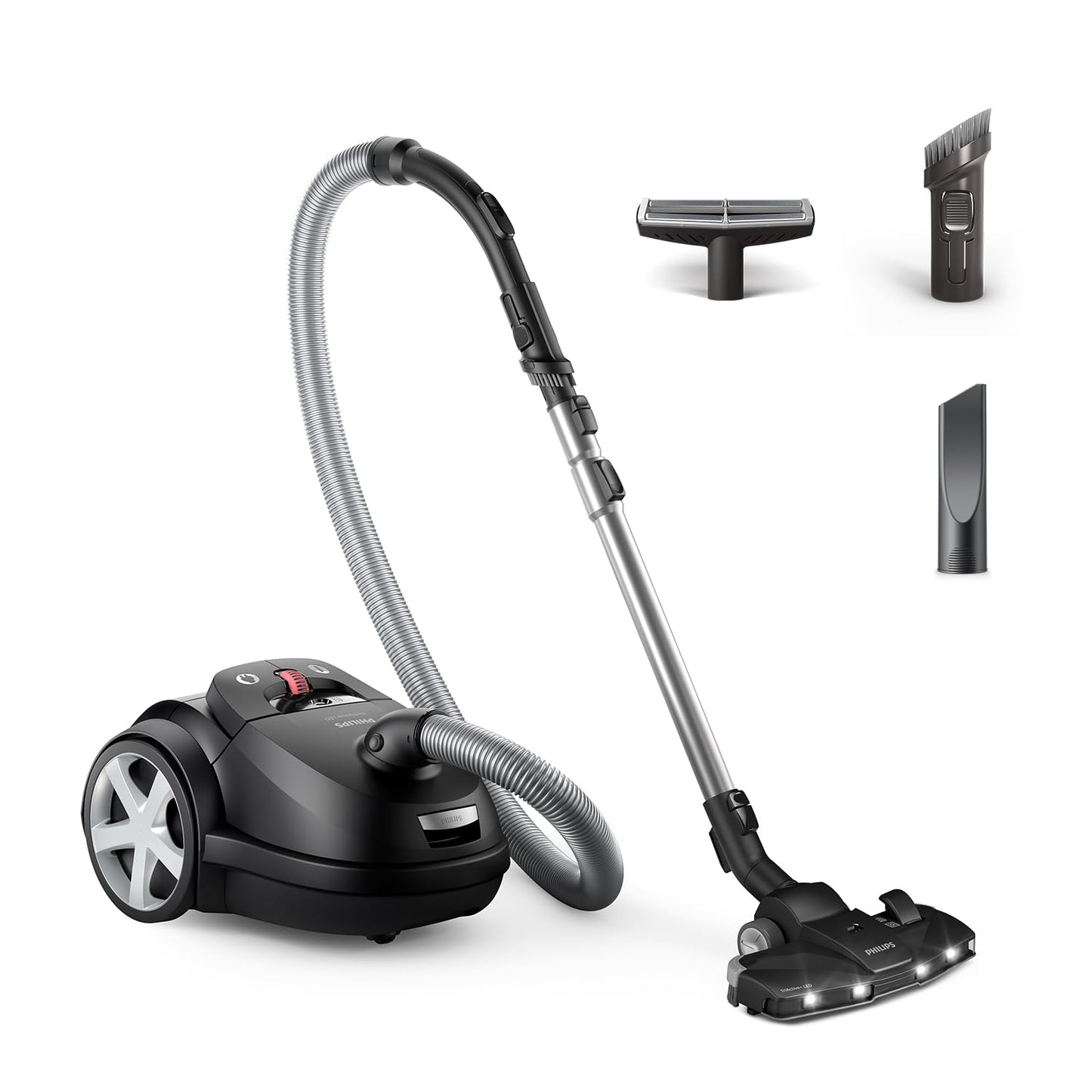 Philips 8000 sērijas putekļsūcējs - 900 W motors, TriActive+ LED uzgalis, HEPA filtrs, 12 m darbības rādiuss, dziļi melns.