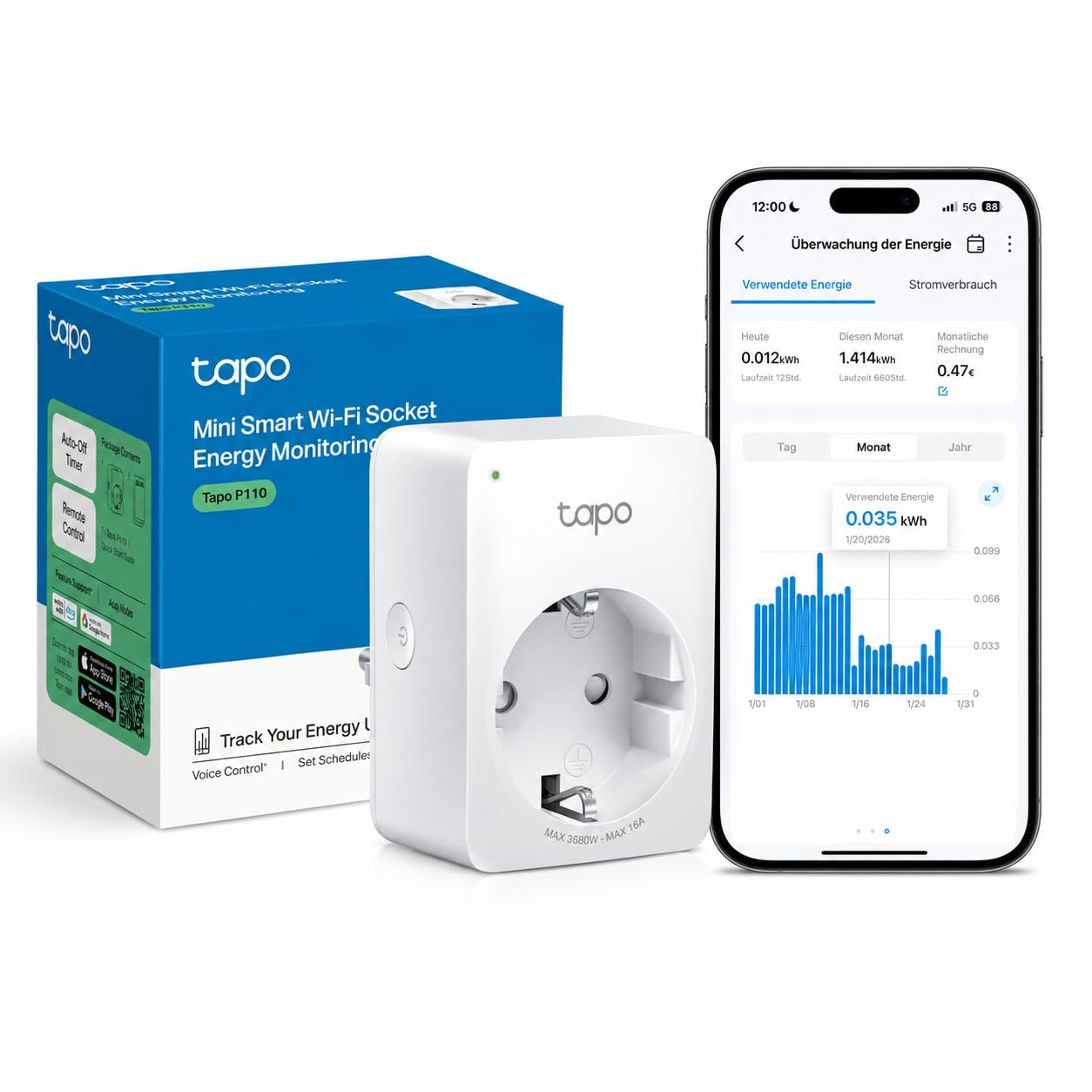 Viedā Wi-Fi rozete TP-Link Tapo P110 ar enerģijas patēriņa kontroli, saderīga ar Alexa un Google Home, balss vadība, attālināta piekļuve, bez centrmezgla, mini