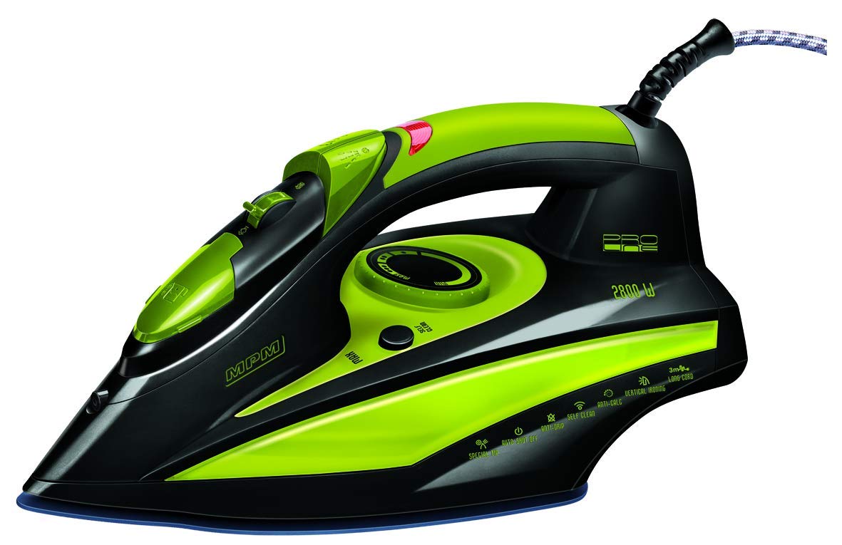 MPM MZE-04/C Steam Iron - Ceramic soleplate, vertical steam, self-cleaning, 7 functions, 330ml tank, 2800W, black/green.
